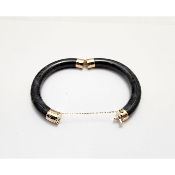 14K Solid Yellow Gold Textured Black & Grey Jade Jadeite Bangle Bracelet 7" L - Picture 8 of 13